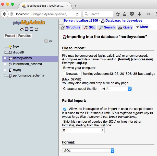 import the sql database file